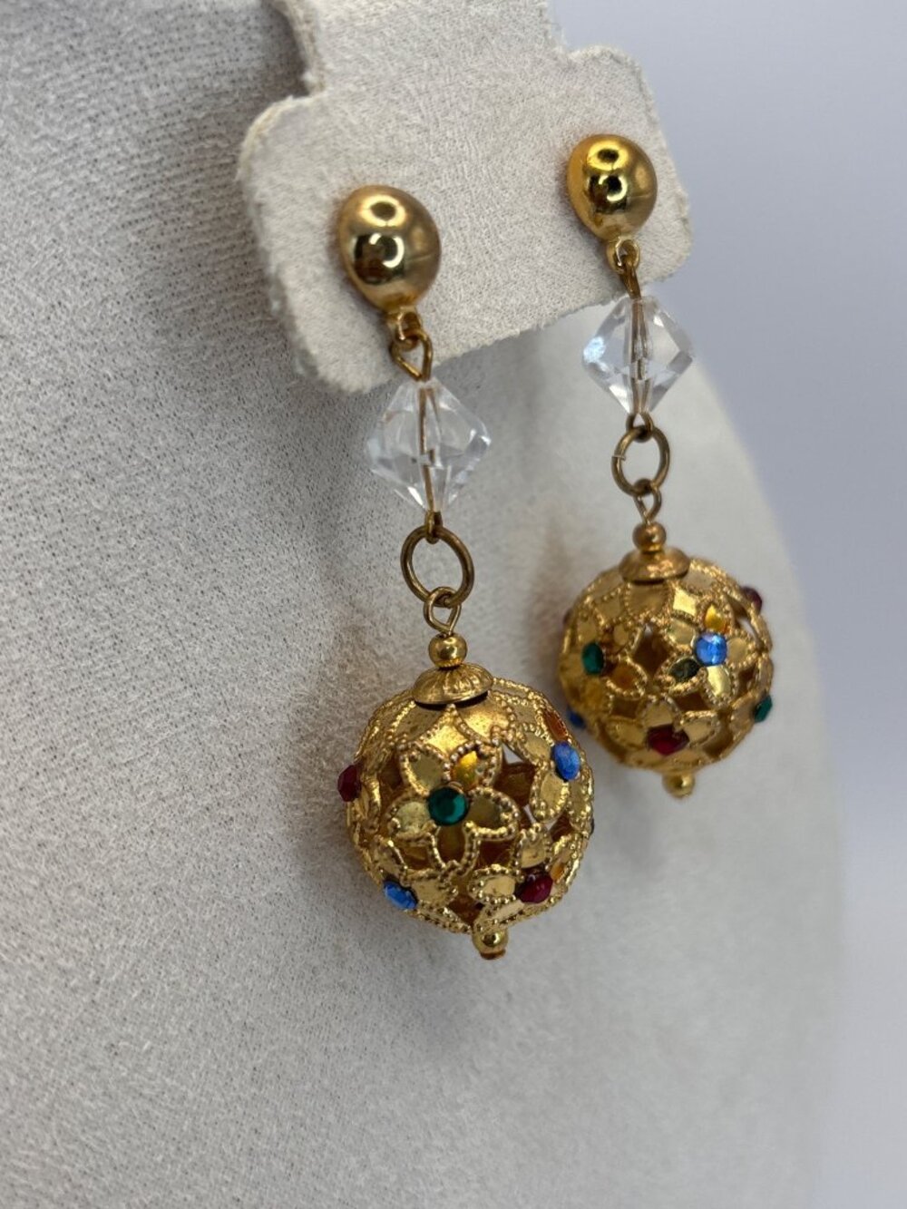 Vintage Gold Tone Dangle Filigree Ball Color Crystals Renaissance Style Earrings - Picture 3 of 4
